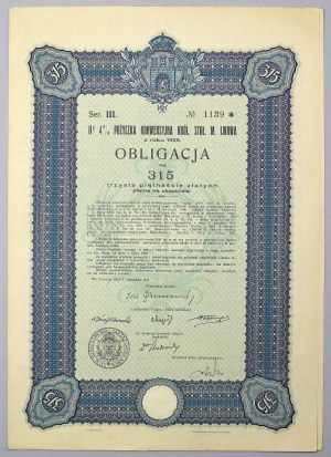 Lwów, 4% I-a Poż. Konwersyjna Król. Stoł., Obligacja 315 zł 1930 Ser.III