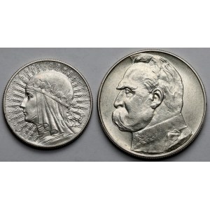 Głowa Kobiety, Piłsudski, 5 i 10 złotych 1932 i 1936 - zestaw (2szt)
