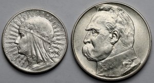 Głowa Kobiety, Piłsudski, 5 i 10 złotych 1932 i 1936 - zestaw (2szt)