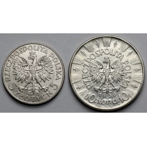 Głowa Kobiety, Piłsudski, 5 i 10 złotych 1932 i 1936 - zestaw (2szt)