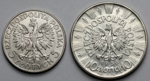 Głowa Kobiety, Piłsudski, 5 i 10 złotych 1932 i 1936 - zestaw (2szt)