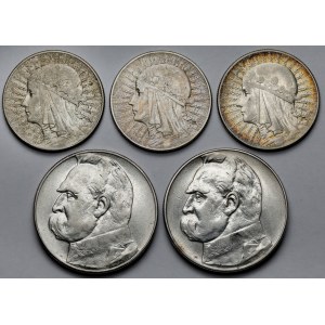 Głowa Kobiety, Piłsudski, 5 i 10 złotych 1933-1935 - zestaw (5szt)