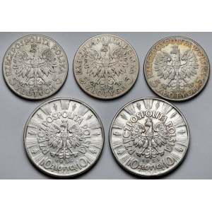Głowa Kobiety, Piłsudski, 5 i 10 złotych 1933-1935 - zestaw (5szt)