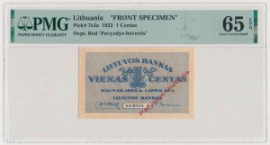 Lithuania, 1 Centas 1922 - FRONT SPECIMEN