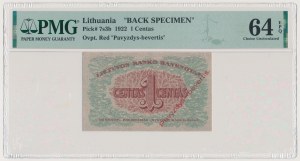 Lituania, 1 Centas 1922 - SPECIMENO INDIETRO