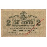 Lithuania, 2 Centu 1922 - FRONT SPECIMEN