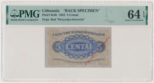 Lithuania, 5 Centai 1922 BACK SPECIMEN