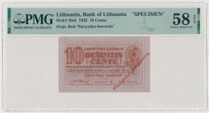 Litva, 10 Centu 1922 - SPECIMEN