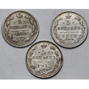 Rosja, Mikołaj II, 5 kopiejek 1905-1913 - zestaw (3szt)