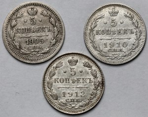 Russie, Nicolas II, 5 kopecks 1905-1913 - set (3pcs)
