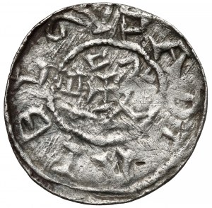 Boleslaw III the Wrymouth, Denarius - Knight and St. Adalbert - DOUBLE inscription.