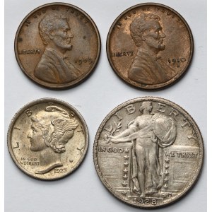 USA, Cent, Dime i 1/4 dolara 1909-1928 - zestaw (4szt)