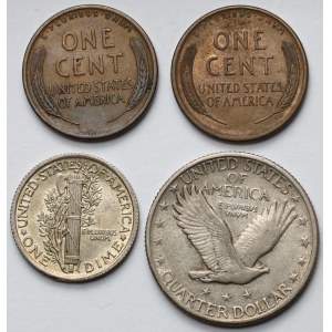 USA, Cent, Dime i 1/4 dolara 1909-1928 - zestaw (4szt)