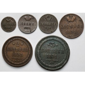 Od połuszki do 3 kopiejek 1851-1861 BM, Warszawa - zestaw (6szt)