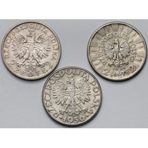 Piłsudski, Głowa Kobiety i Żaglowiec 2 złote 1933-1936 - zestaw (3szt)