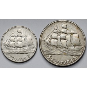 Żaglowiec 2 i 5 złotych 1936 - zestaw (2szt)