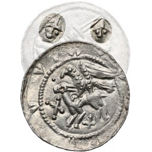 Władysław II Wygnaniec, Denar - Orzeł i Zając - EN FACE (w hełmach!)