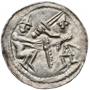 Władysław II Wygnaniec, Denar - Orzeł i Zając - EN FACE (w hełmach!)
