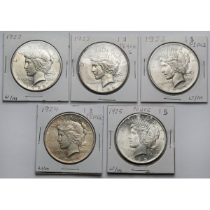 USA, Dolar 1922-1925 - Peace Dollar - zestaw (5szt)