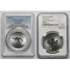 Australia i Kanada, Dolar 2016 Kangur i 5 dolarów 2024 Liść Klonu - zestaw (2szt)