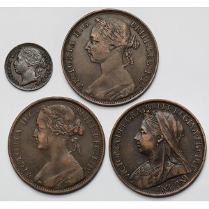 Wlk. Brytania, Wiktoria, 1/3 farthing i Penny 1862-1899 - zestaw (4szt)