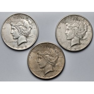 USA, Dolar 1922-1925 - Peace Dollar - zestaw (3szt)