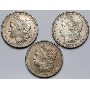 USA, Dolar 1880-1890 - Morgan Dollar - zestaw (3szt)