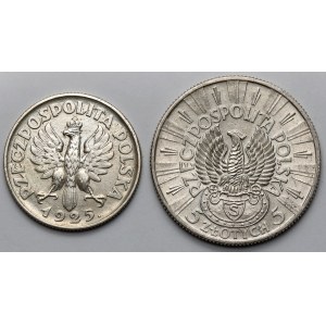 1 i 5 złotych 1925 i 1934 Kobieta i kłosy, Strzelecki - zestaw (2szt)