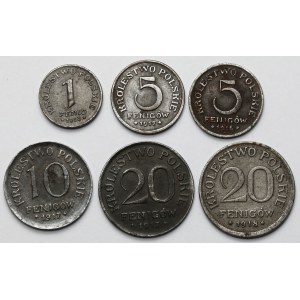 Królestwo Polskie, 1-20 fenigów 1917-1918 - zestaw (6szt)