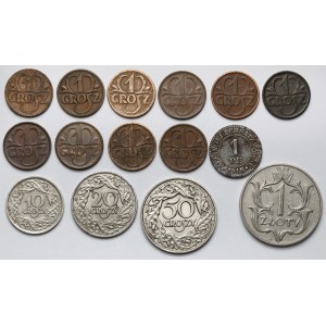 1-50 groszy i 1 złoty 1923-1939 i 1 fenig Elbląg 1918 - zestaw (15szt)