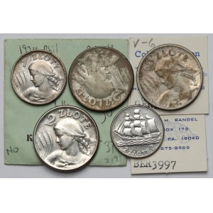 II RP, 1 i 2 złote 1924-1936 - zestaw (5szt)