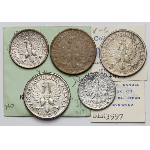 II RP, 1 i 2 złote 1924-1936 - zestaw (5szt)
