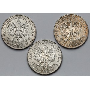 5 złotych 1932-1934 Głowa kobiety - zestaw (3szt)