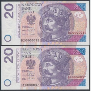 20 zł 2016 BX - 0000036 i 0000037 - niskie numery (2szt)