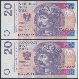 20 zł 2016 BX - 0000057 i 0000058 - niskie numery (2szt)