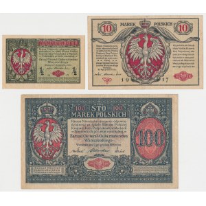Zestaw 1/2, 10 i 100 mkp 1916 Generał (3szt)