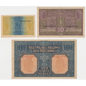 Zestaw 1/2, 10 i 100 mkp 1916 Generał (3szt)