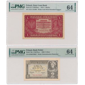 Zestaw 1 mkp 1919 i 2 zł 1936 w gradingu PMG 64 (2szt)