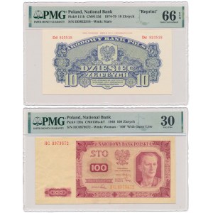 100 zł 1948 HC w PMG 30 i REPRINT 10 zł 1944 - zestaw (2szt)