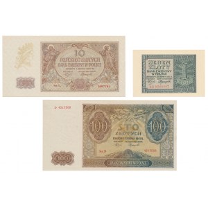 1, 10 i 100 złotych 1940-1941 - zestaw (3szt)