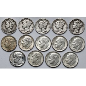 USA, Dime 1943-1964 - zestaw (14szt)