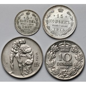 Rosja, Albania i Jugosławia, 5-15 kopiejek 1912-1915, 1/2 lek 1926 i 10 dinara 1938 - zestaw (4szt)