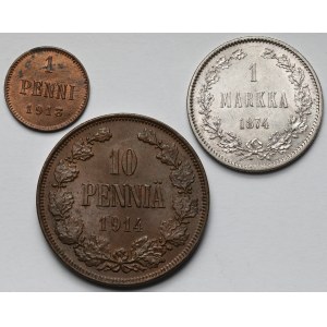 Finlandia, 1-10 pennia i 1 markaa 1874-1914 - piekne - zestaw (3szt)