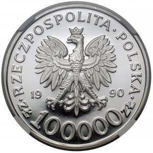 100.000 złotych 1990 Solidarność - odmiana D - LUSTRZANKA (odwrócona flaga)