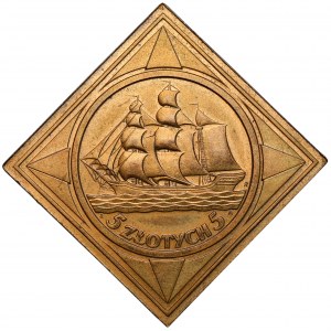 Klipa BRĄZ 5 złotych 1936 Żaglowiec - rzadkość