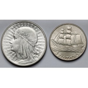 Głowa Kobiety i Żaglowiec, 10 złotych 1932 i 5 złotych 1936 - zestaw (2szt)