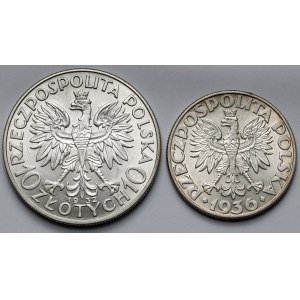 Głowa Kobiety i Żaglowiec, 10 złotych 1932 i 5 złotych 1936 - zestaw (2szt)