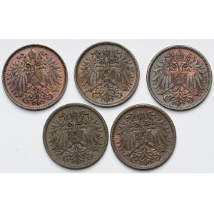 Austria, Franciszek Józef I, 2 halerze 1893-1914 - zestaw (5szt)