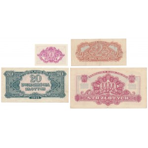 Zestaw 2, 20 i 100 zł 1944 + reprint 50 gr (4szt)