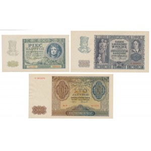Zestaw 5, 20 i 100 złotych 1940-1941 (3szt)